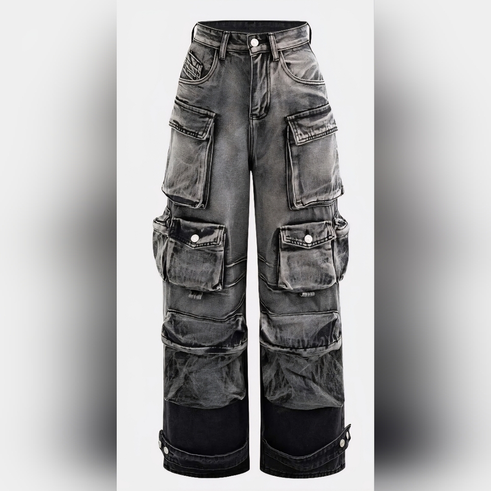 Micas Ombre Gray Multi Pocket Wide Leg Utility Cargo Jeans NWT Size Large - Picture 2 of 13